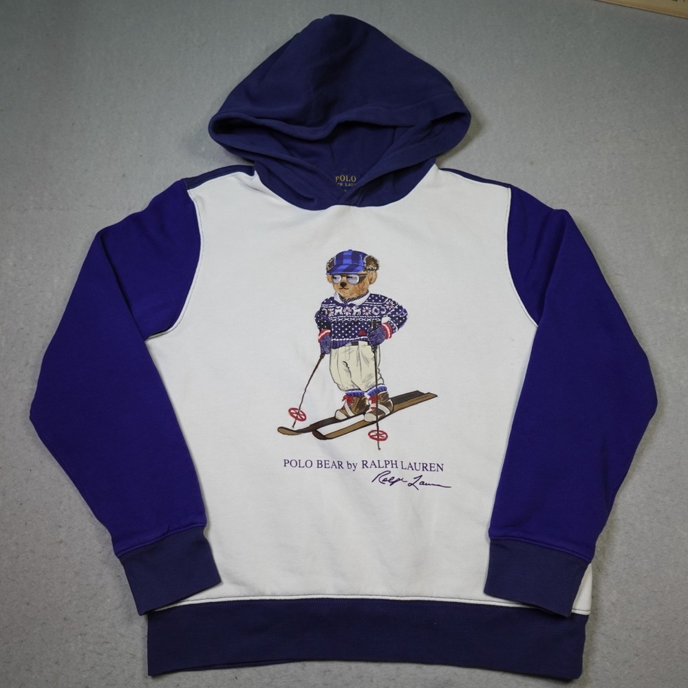 Polo Ralph Lauren Hoodie Boys L 14-16 Blue White Polo Bear Ski Graphic Pullover